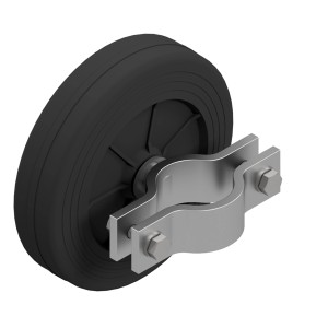 Schwarze Gummi-Laufrolle für Bauzaun mit silberner Halterung. Ideal für Baugeräte.