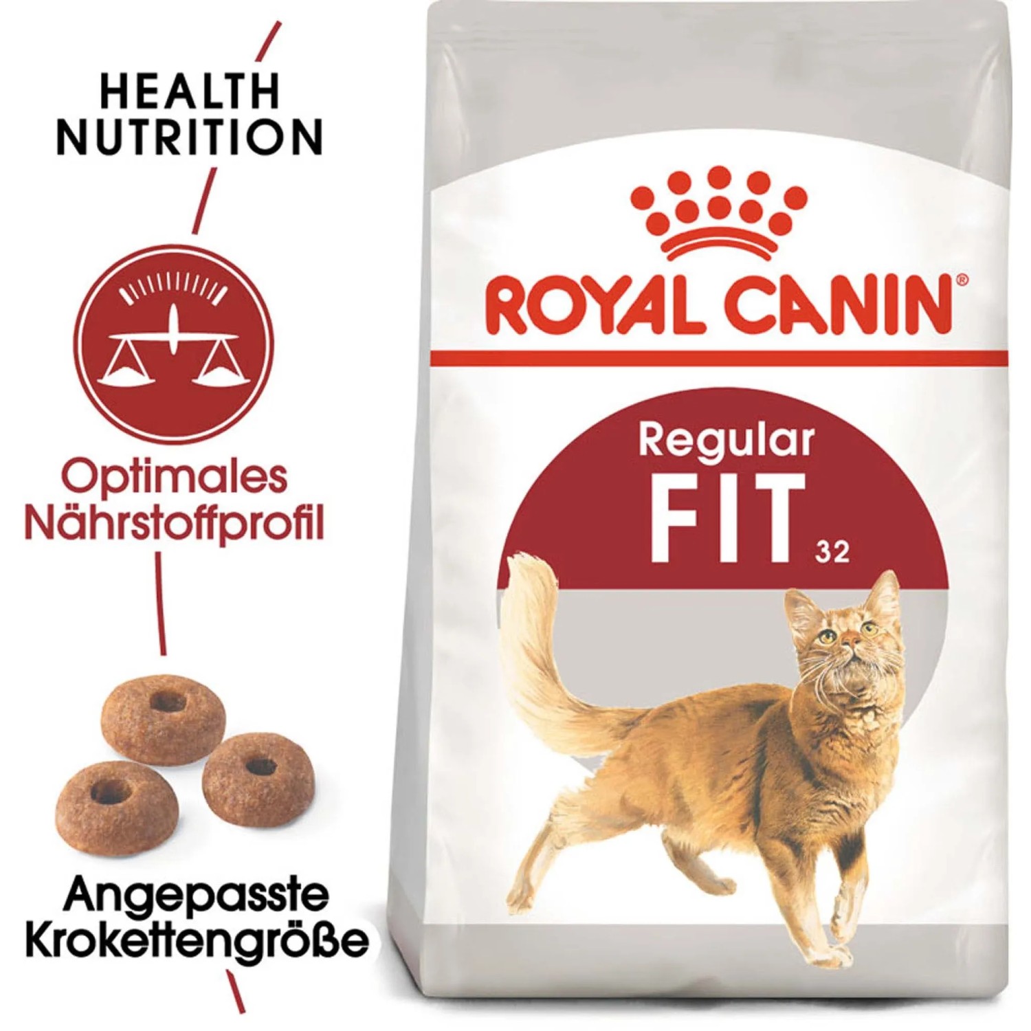 Royal Canin Fit Katzenfutter, 400g Packung mit Katze und Kroketten.