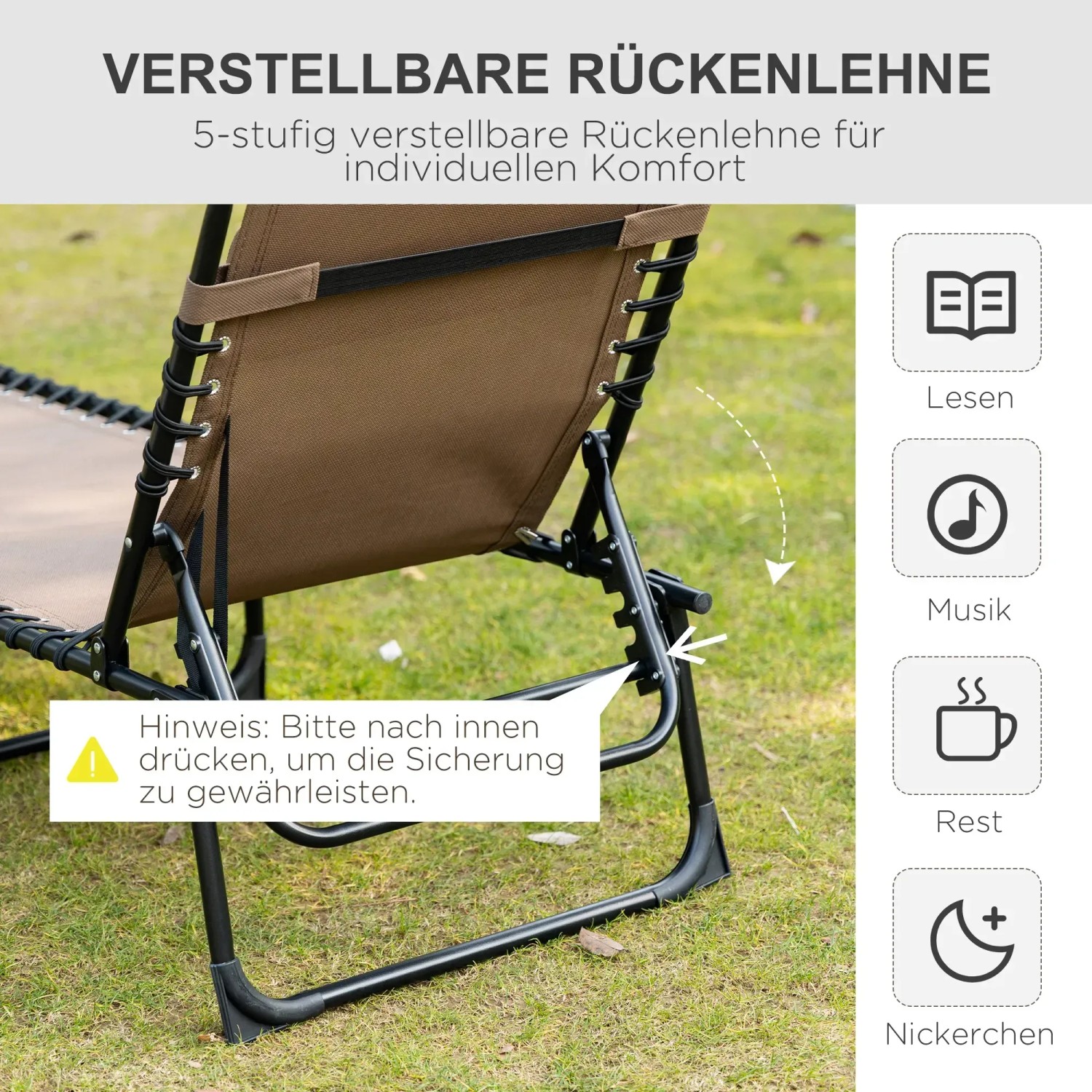 Detailansicht der braunen Outsunny Sonnenliege mit verstellbarer Rückenlehne und Stahlgestell.