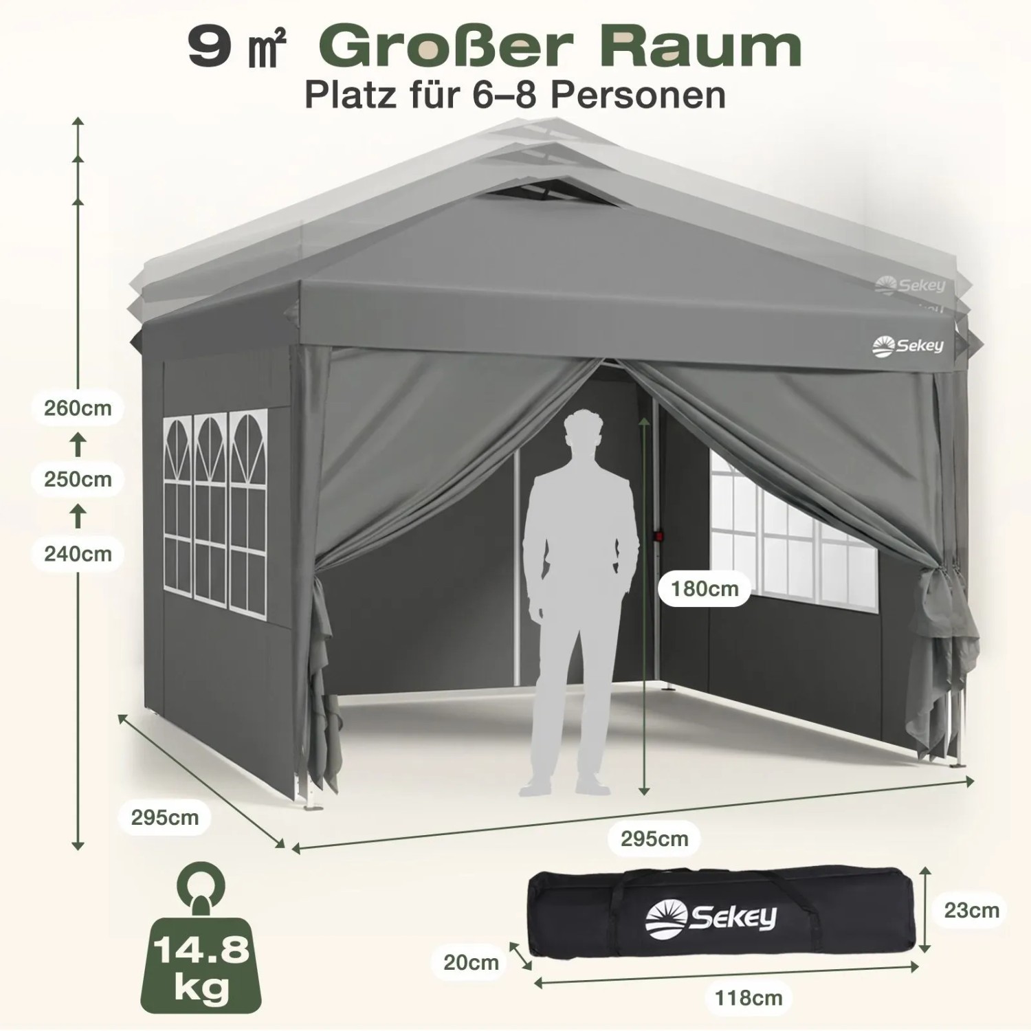 Grauer Faltpavillon 3x3m mit 4 Seitenteilen, höhenverstellbar. Pop Up Partyzelt für 6-8 Personen, Transporttasche.