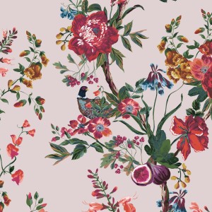 Mehrfarbige Joules Vliestapete Forest Chinoiserie Antique Crème mit Blumen, Fasan und Feigen.