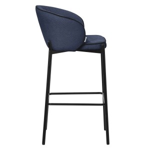 Dunkelblauer Barhocker mit Stoffbezug, 76 cm hoch, schwarzem Stahlgestell und gepolsterter Rückenlehne. Moderner Hocker.