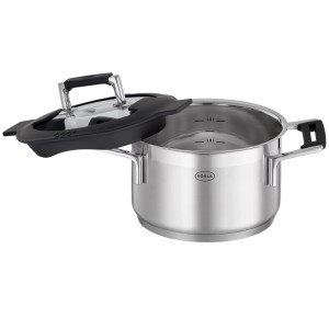 RÖSLE Kochtopf 16 cm Silence Pro aus Edelstahl mit schwarzem Silikondeckel, seitlich eingehängt, Abgießfunktion.