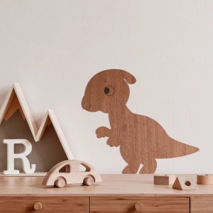 Wanddeko Dino Parasaurolophus aus Holz, Mahagoni Furnier, 67x60cm, für Kinderzimmer.