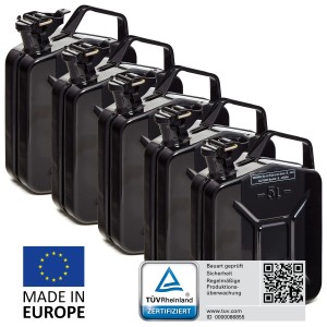 5er Set schwarze 5L Metall Kraftstoffkanister, TÜV-geprüft, für Benzin & Diesel.