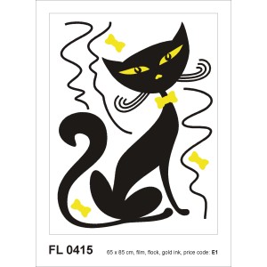 Schwarzes Wandtattoo Katze mit gelber Schleife, 65x85 cm, dekorativ für Kinderzimmer.