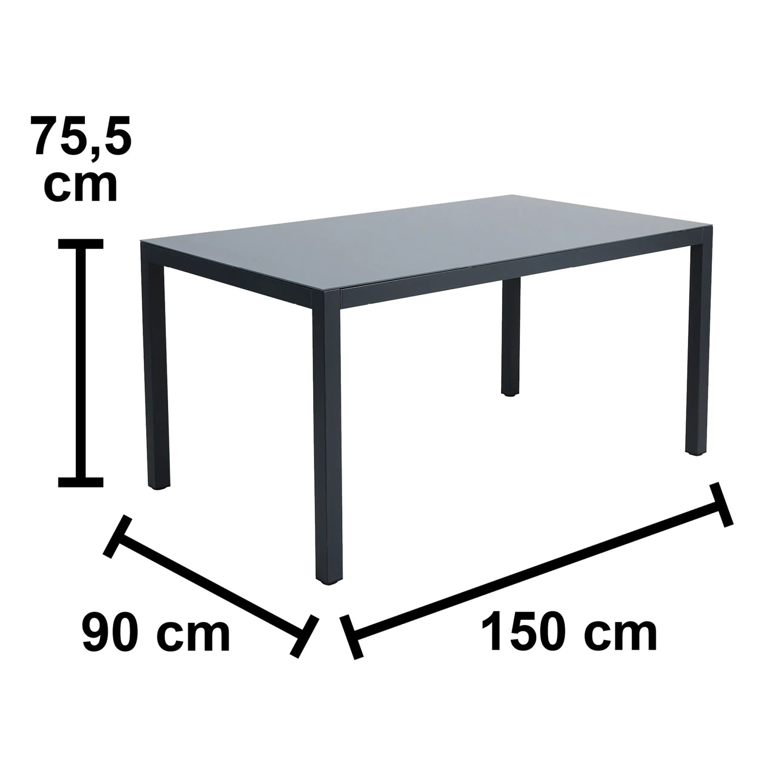 Esstisch der Esstischgruppe Kulina, anthrazitfarbenes Stahlgestell, Tischplatte aus Glas, Maße eingezeichnet.