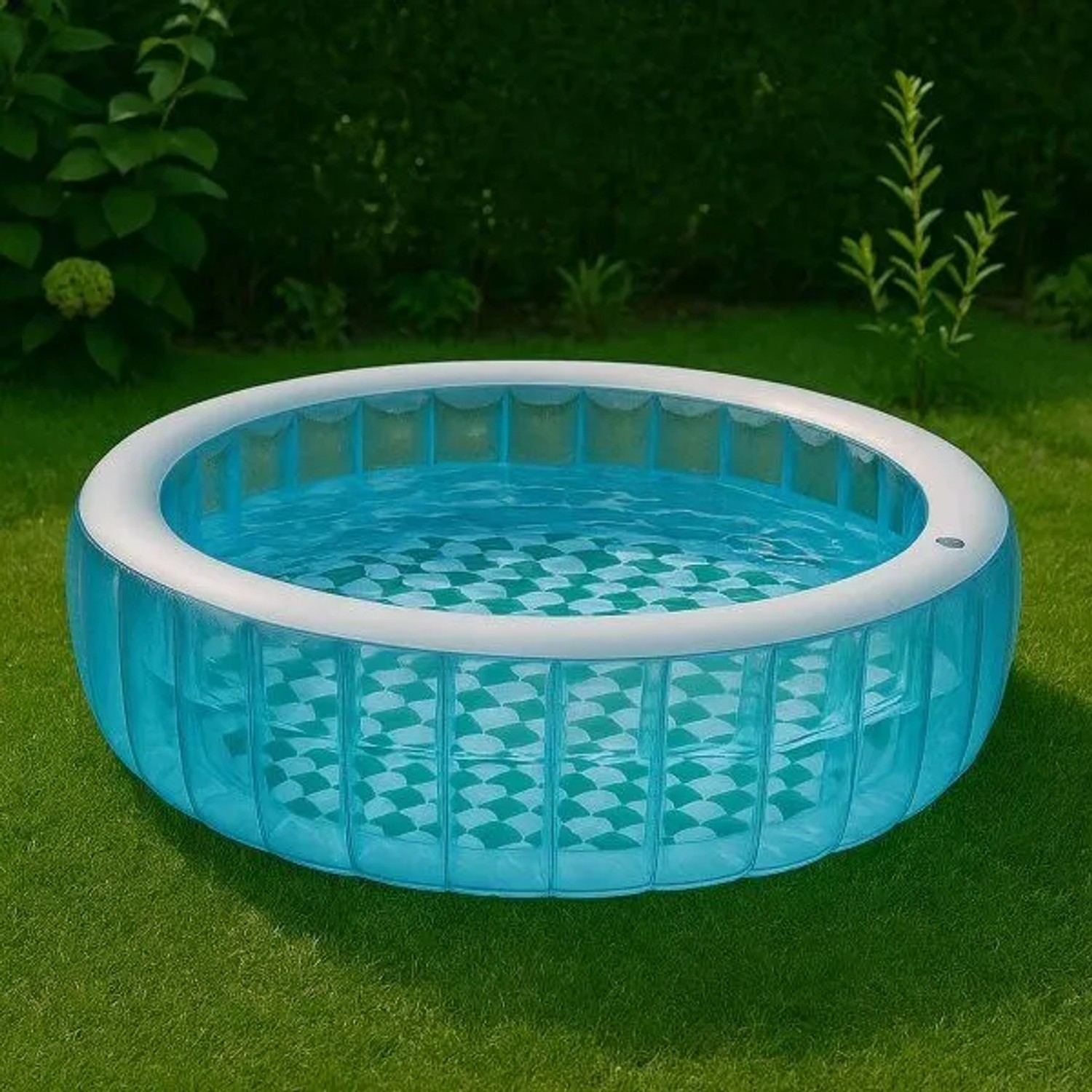 Rundes SunClub Planschbecken Lattice, blau-transparent, mit weißem Rand und Wasser, auf grünem Rasen.