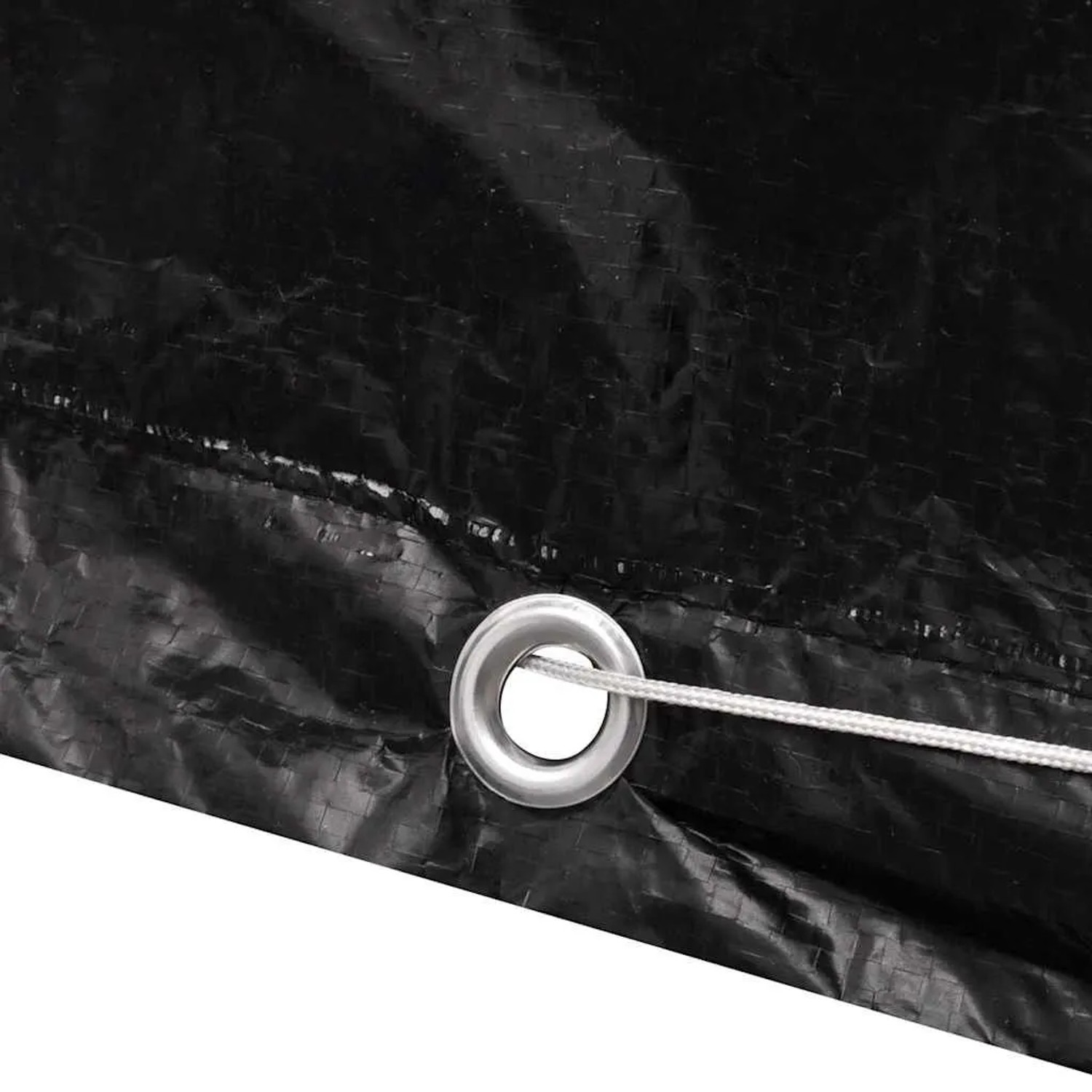 Schwarze Gartenmöbel-Abdeckung mit Aluminiumöse und Befestigungsseil. Robuste Schutzhülle.