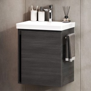 Planetmöbel Waschtischunterschrank 50 cm Anthrazit mit Keramikwaschbecken Armatur Chrom Soft Close