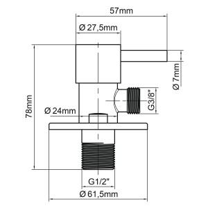 Technische Zeichnung des baliv Eckventils EV-3460 in Gold Matt mit Maßangaben.