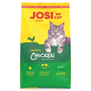 JosiCat Crunchy Chicken Katzenfutter, 650g Packung mit Katze und Huhn Symbol.