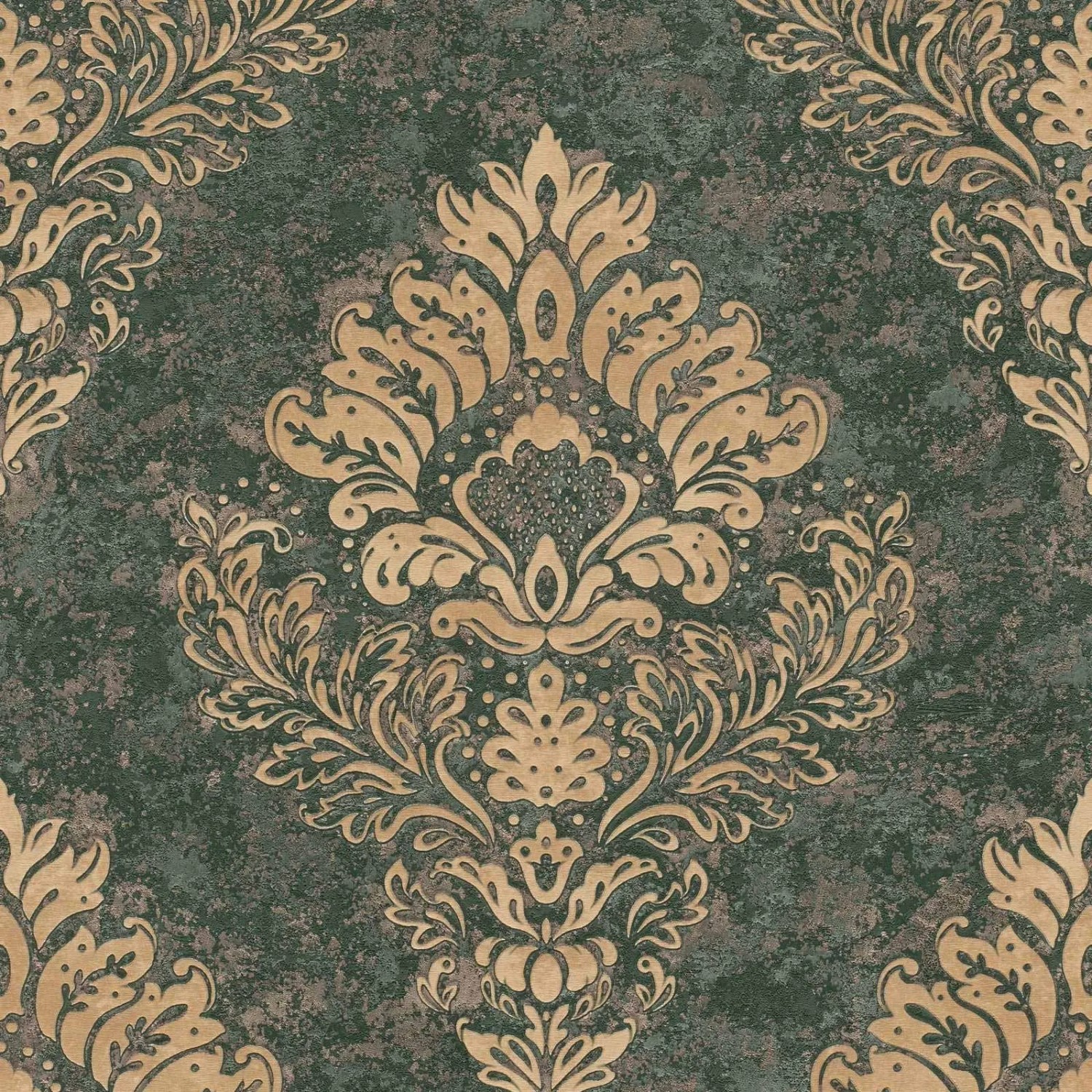 Livingwalls Tapete Barockmuster Dunkelgrün und Gold 53 cm x 10,05 