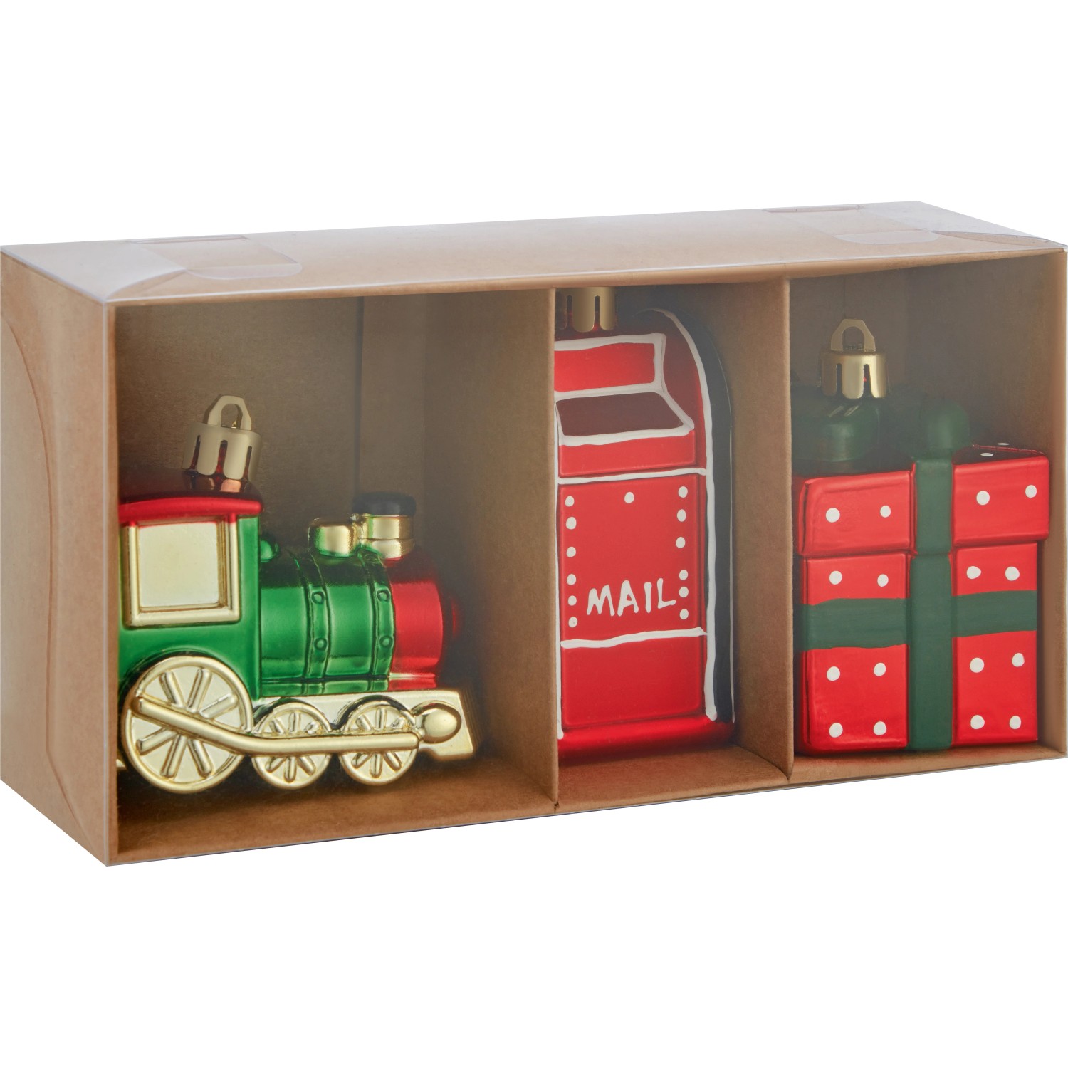 Weihnachtsbaumschmuck Set: Zug, Briefkasten und Geschenk, festliche Dekoration.