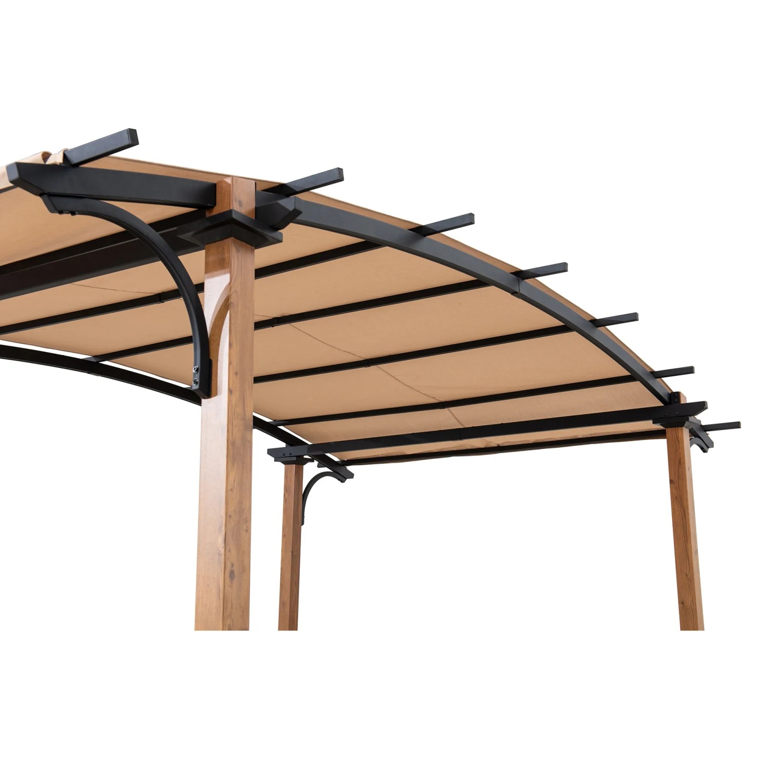 Beige Sunjoy Pergola Skuta mit Stoffdach, 406x259 cm, Stahlrahmen in Holzoptik. Ideal für Garten & Terrasse.