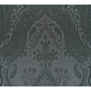 Dunkelgraue Vliestapete mit glänzendem Barock Ornament Muster.