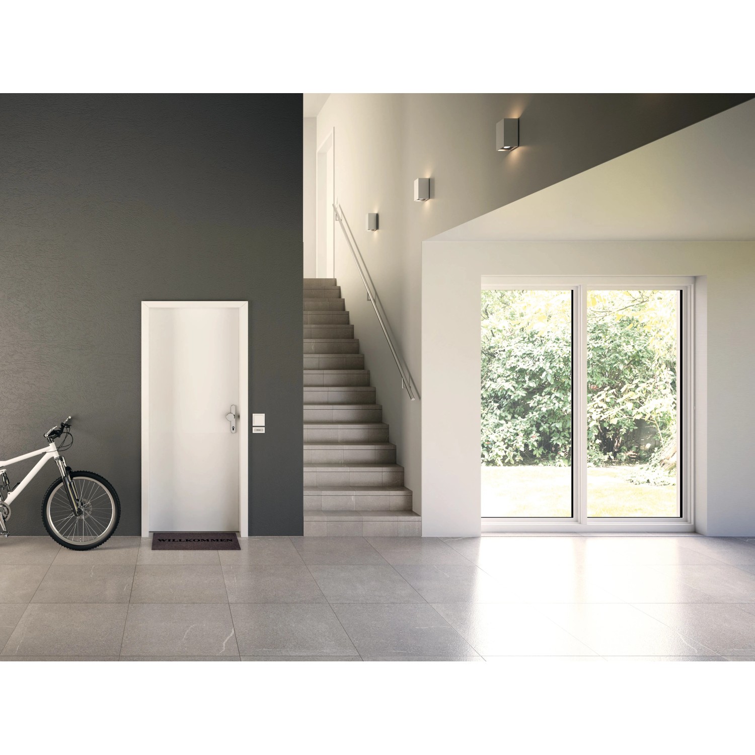 Weiße Wohnungseingangstür Klimaklasse 3 CPL mit Türgriff in modernem Eingangsbereich.