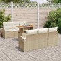 Beiges 7-teiliges vidaXL Garten-Sofa-Set aus Poly Rattan mit Tisch und Stauraum.