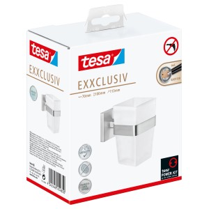 Verpackung des Tesa Exxclusiv Zahnputzbechers in Edelstahloptik. Rostfrei, einfache Wandmontage ohne Bohren.