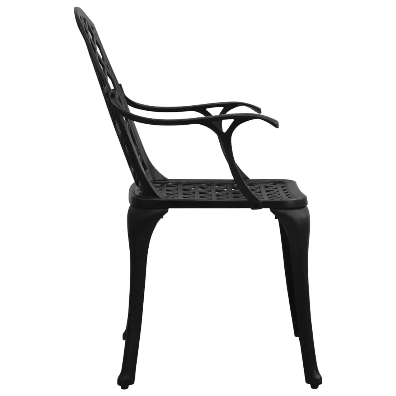 Schwarzer Gartenstuhl aus Aluminiumguss, Teil des 3-tlg. Bistro-Sets von vidaXL.