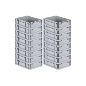 PROREGAL Spar Set: 16 graue Euroboxen Nextgen Economy, 11 Liter, mit Griffen, gestapelt.