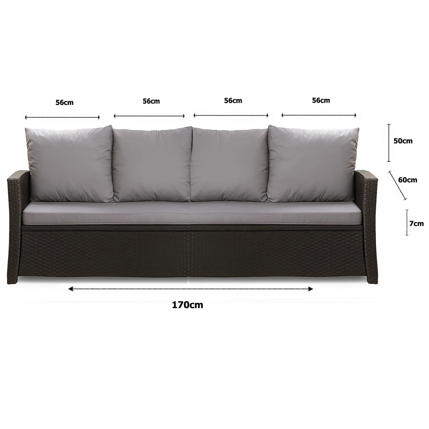 Setgarden Gartenkissen Set: graues Sitzkissen (170x60x7 cm) & 4 Rückenkissen (50x56 cm) auf braunem Polyrattan Sofa.