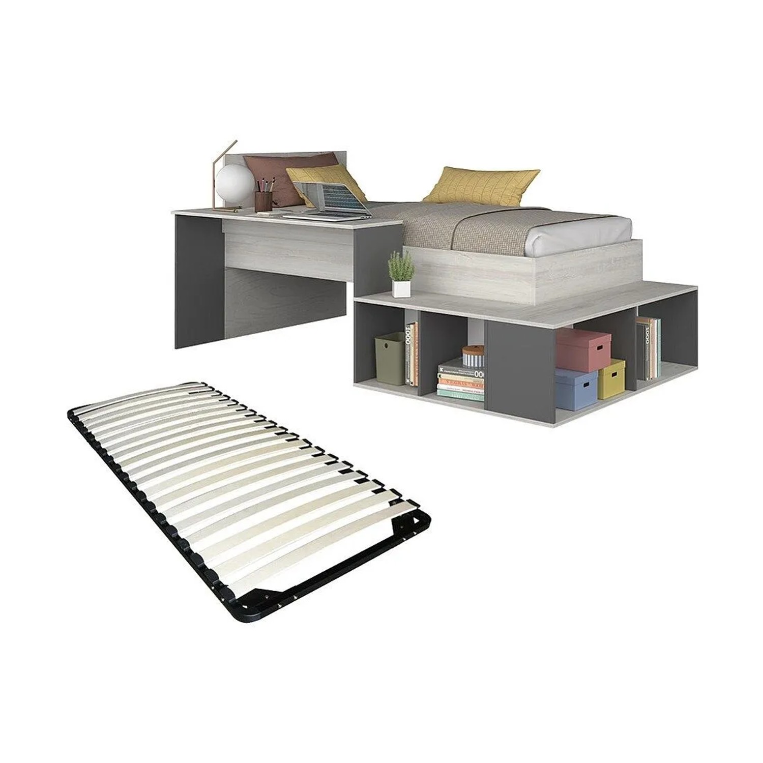Vente-unique Bettkombination Rigali Anthrazitgrau  Naturfarben Hell 204.4 cm  233.2 cm