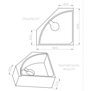 Technische Zeichnung Ottofond Wannenträger Katamaran mit Maßen in Draufsicht und isometrischer Ansicht.