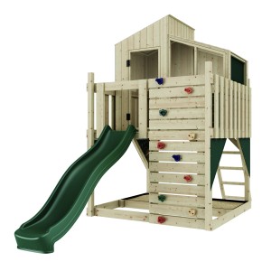 OutdoorToys Stelzenhaus Komet dunkelgrün mit Rutsche und Kletterwand.