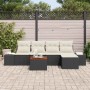 Schwarzes 6-tlg. Garten-Sofa-Set aus Poly Rattan mit Kissen und Tisch für den Außenbereich.