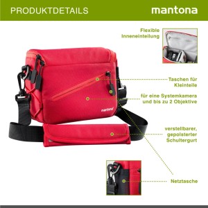 Rote Mantona Irit Kameratasche mit gepolstertem Schultergurt, flexibler Innenaufteilung und Seitentaschen für Systemkameras & Zubehör.