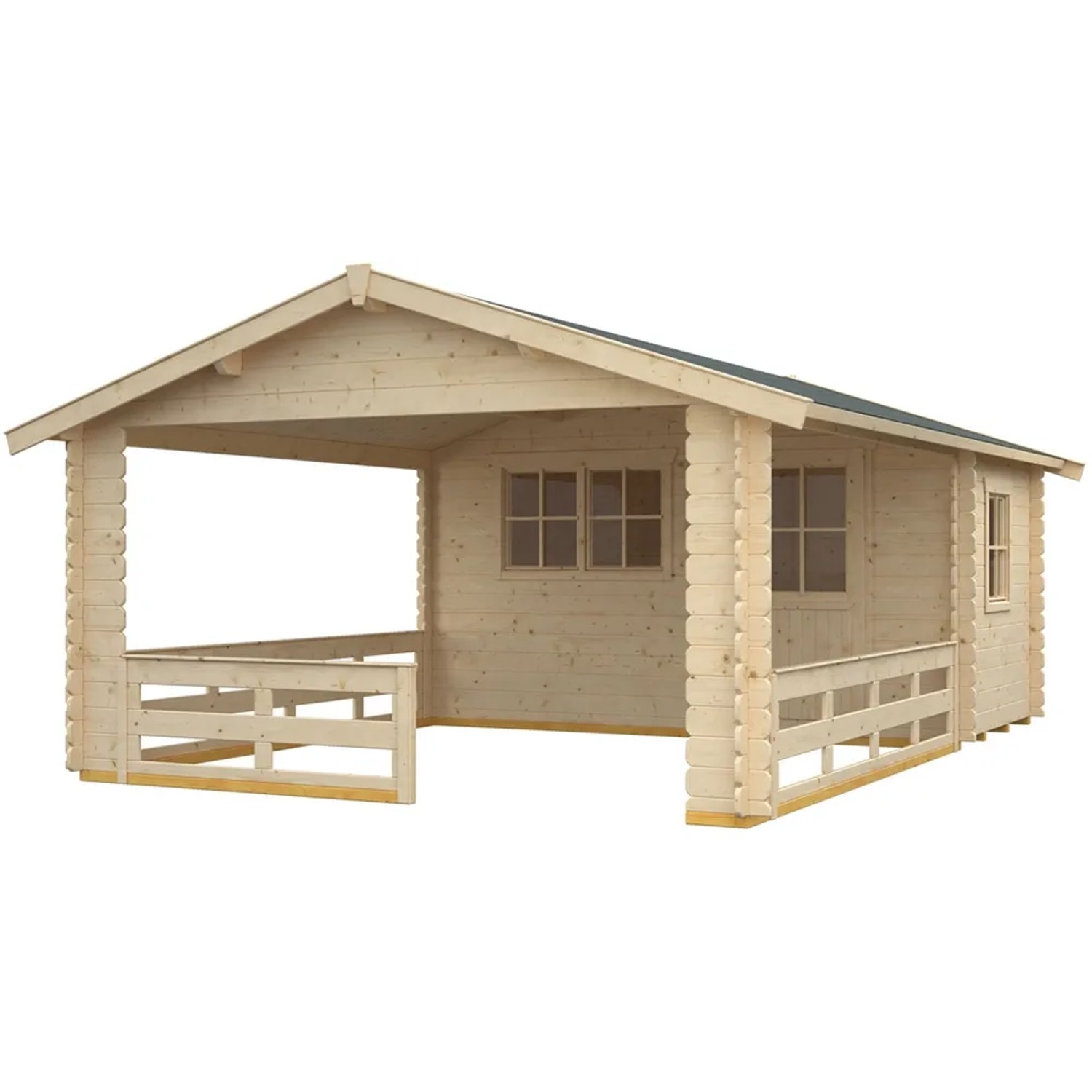 Skan Holz Gartenhaus Alicante 2, unbehandelt, mit Anbau und überdachter Fläche. Ideal als Holz-Gartenhaus.