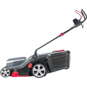 Al-Ko Elektro-Rasenmäher 3.82 E Easy, seitliche Ansicht. Kompakter Rasenmäher in Schwarz/Grau mit rotem Griff.