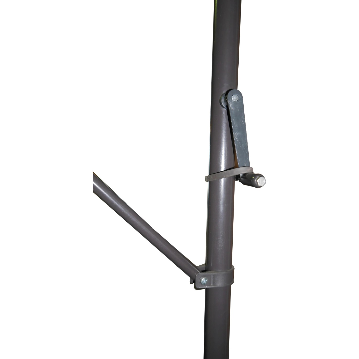 Detailaufnahme der braunen Angerer Klemmmarkise Style Anthrazit: Kurbel und Gestänge.