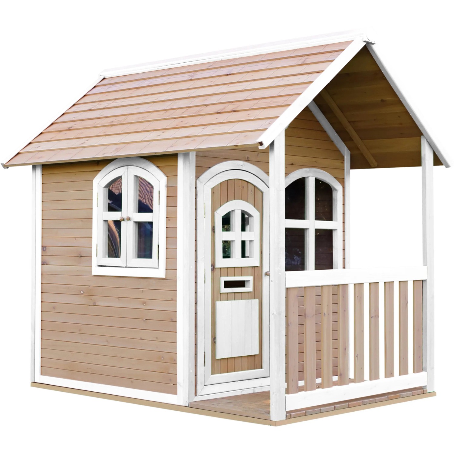 Axi Alex Spielhaus aus Holz, braun-weiß mit Veranda und Briefkasten.