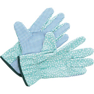3er-Set Baumwoll-Gartenhandschuhe Gr. 8 mit Punkt- und Blattmuster in Blau und Türkis.