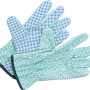 3er-Set Baumwoll-Gartenhandschuhe Gr. 8 mit Punkt- und Blattmuster in Blau und Türkis.