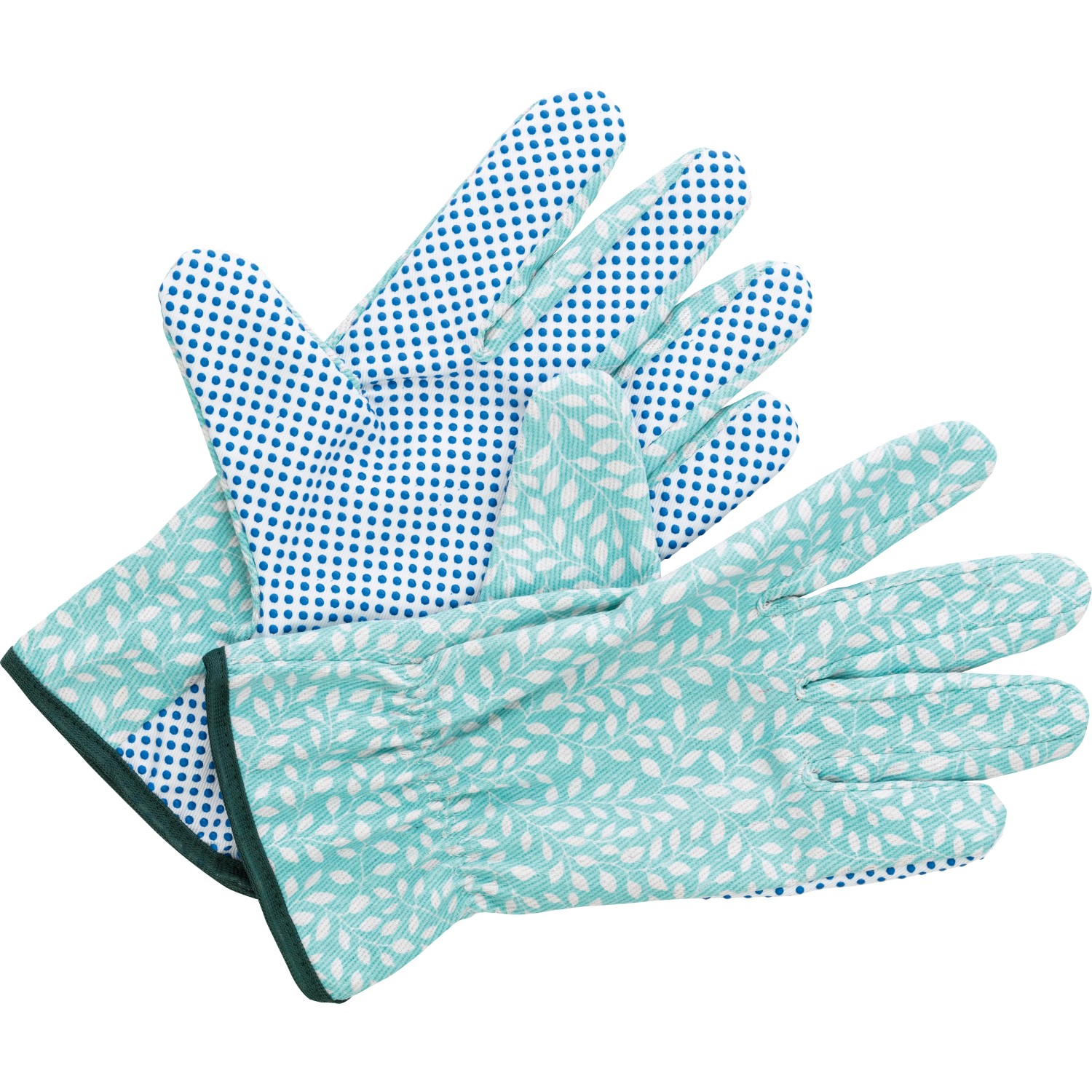 3er-Set Baumwoll-Gartenhandschuhe Gr. 8 mit Punkt- und Blattmuster in Blau und Türkis.