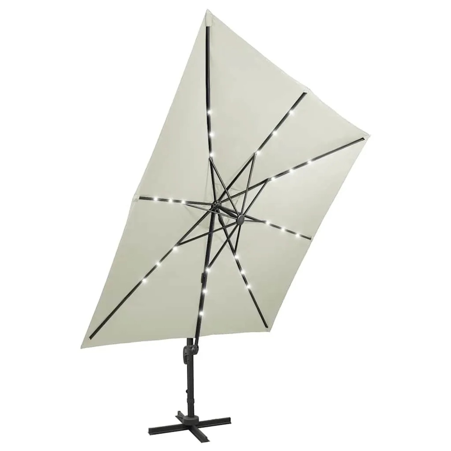 Sandfarbener Ampelschirm mit sichtbaren LED-Leuchten an den Streben, 300 cm. Ideal für Garten und Terrasse.