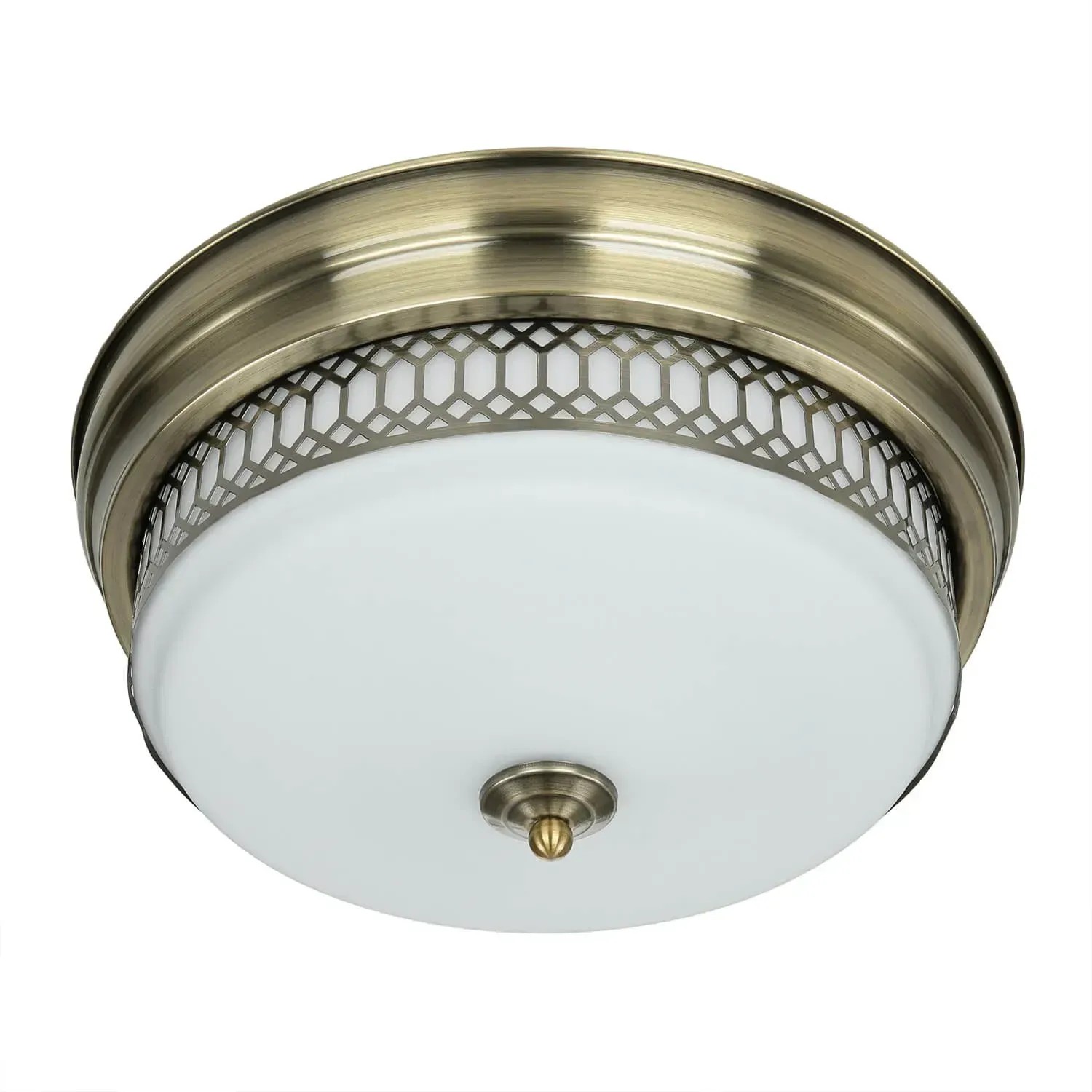 Deckenlampe im Antik-Look: Badezimmerleuchte mit Messing-Finish und weißem Glasschirm, Ø 35 cm.