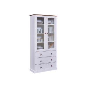 Weißer Vitrinenschrank Westerland mit 2 Glastüren und 3 Schubladen. Ideal für Wohn- und Esszimmer.