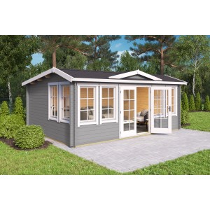 Lichtgraues Lasita Maja Gartenhaus Balmoral mit Fenstern und Doppeltür. Holz-Gartenhaus mit überdachtem Aussenbereich.