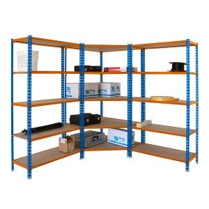 Blau-oranges Eckregal und Schwerlastregal Set, 180x180x50 cm, Fachlast 200 kg, ideal für Werkstatt und Garage.