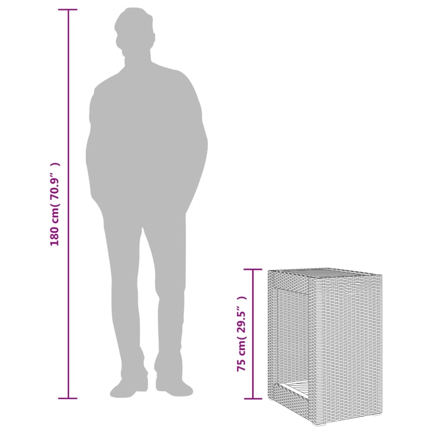 vidaXL Garten-Beistelltisch, schwarz, Poly Rattan, mit Holzplatte, Maße werden angezeigt.