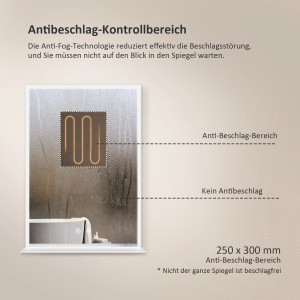 Detailaufnahme: Emke Badspiegel 50x70 mit Ablage, Antibeschlag-Funktion hervorgehoben.