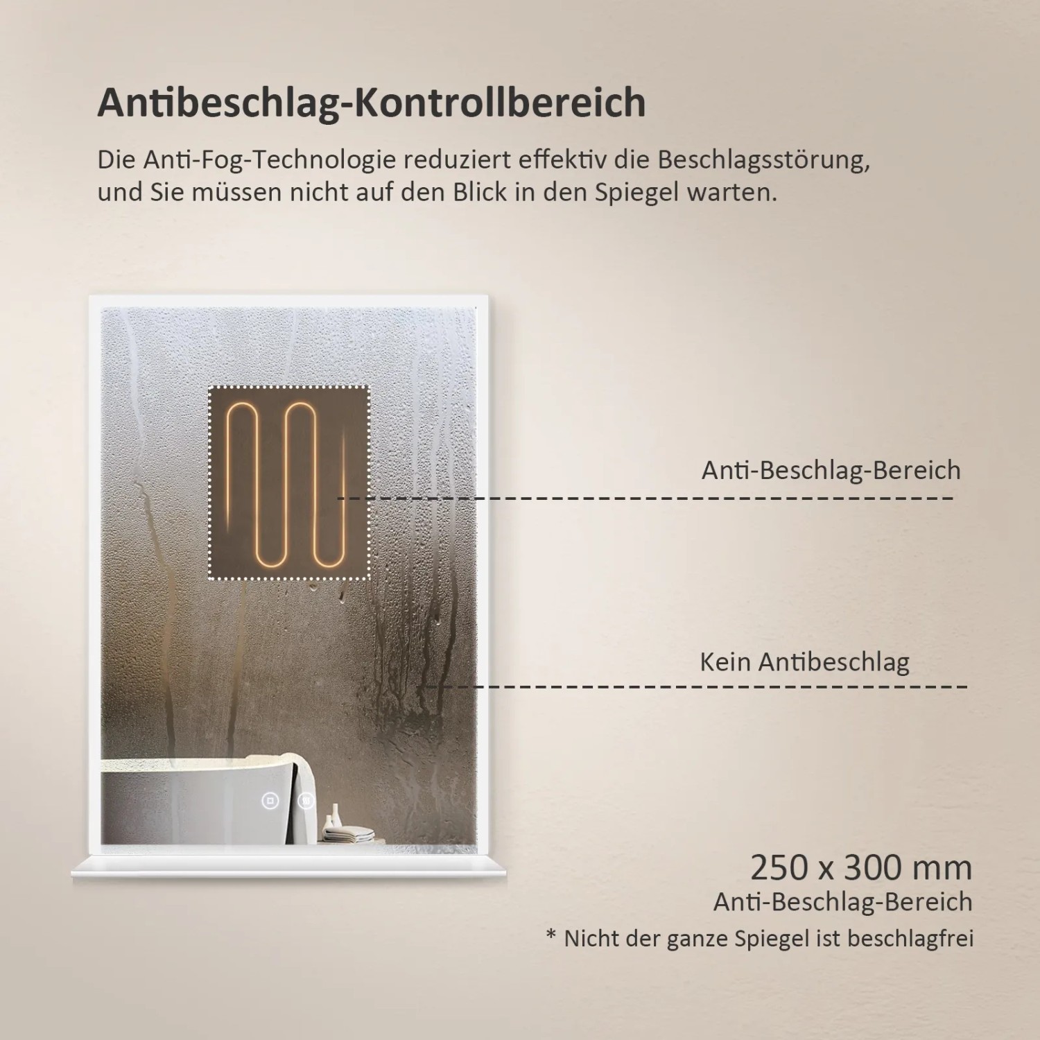 Detailaufnahme: Emke Badspiegel 50x70 mit Ablage, Antibeschlag-Funktion hervorgehoben.