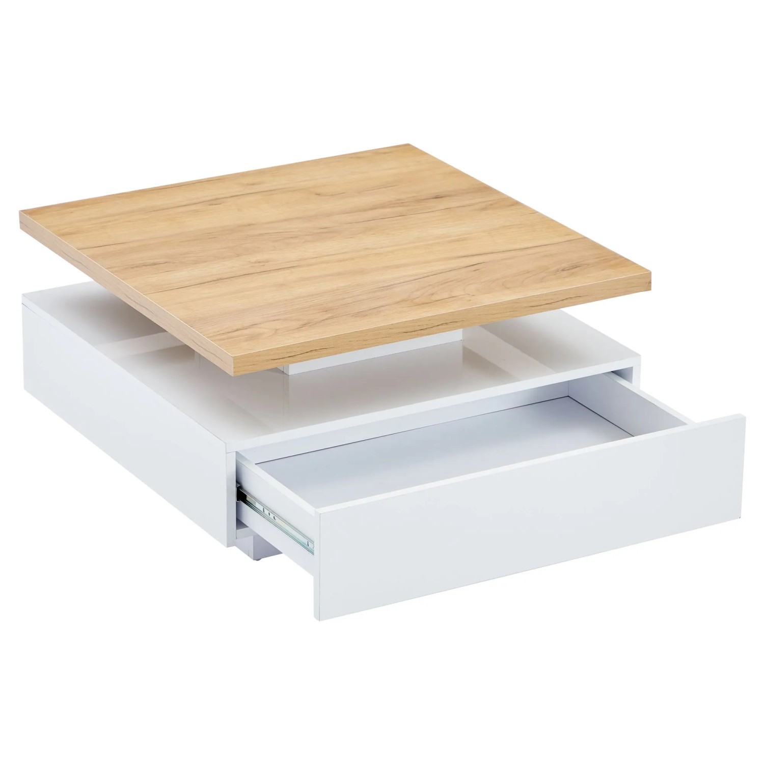 Okwish Couchtisch Mit 360° Schwenk Schublade Hochglanz Stauraum 70x70x36cm Weiß