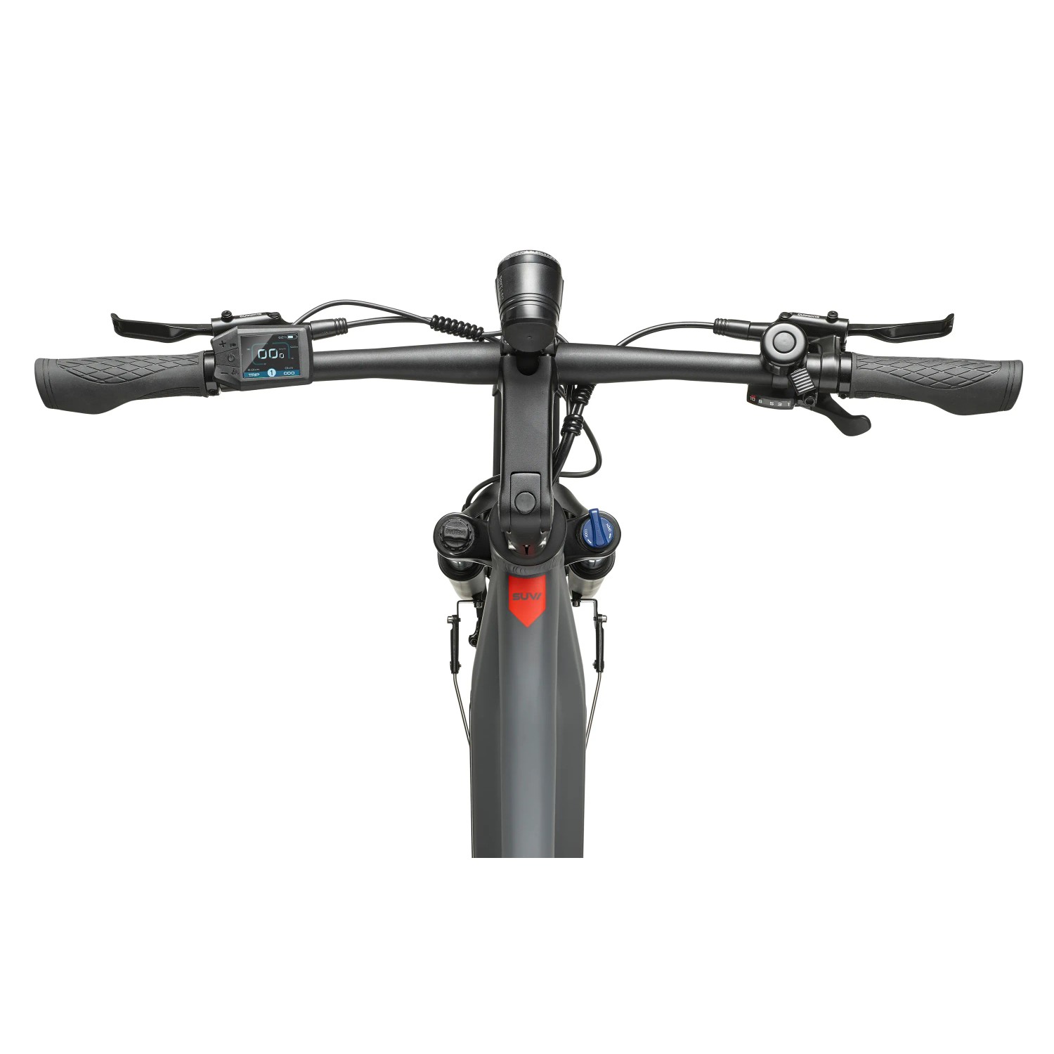 Telefunken E-Bike SUV700: Lenkeransicht mit Display, Licht und Federgabel.