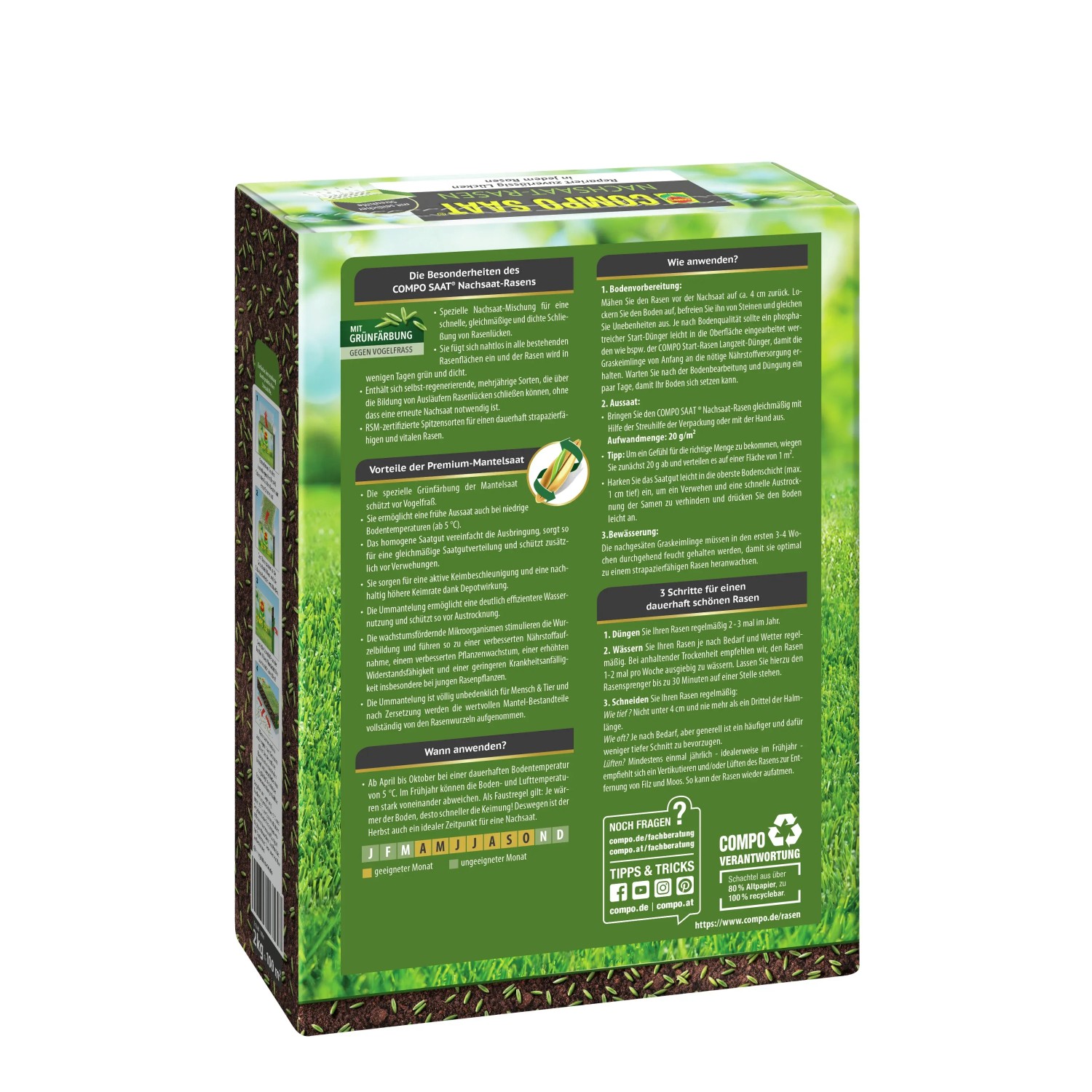 Compo Rasen Nachsaat 2 kg Packung für schnelle Rasenreparatur und dichten, grünen Rasen.