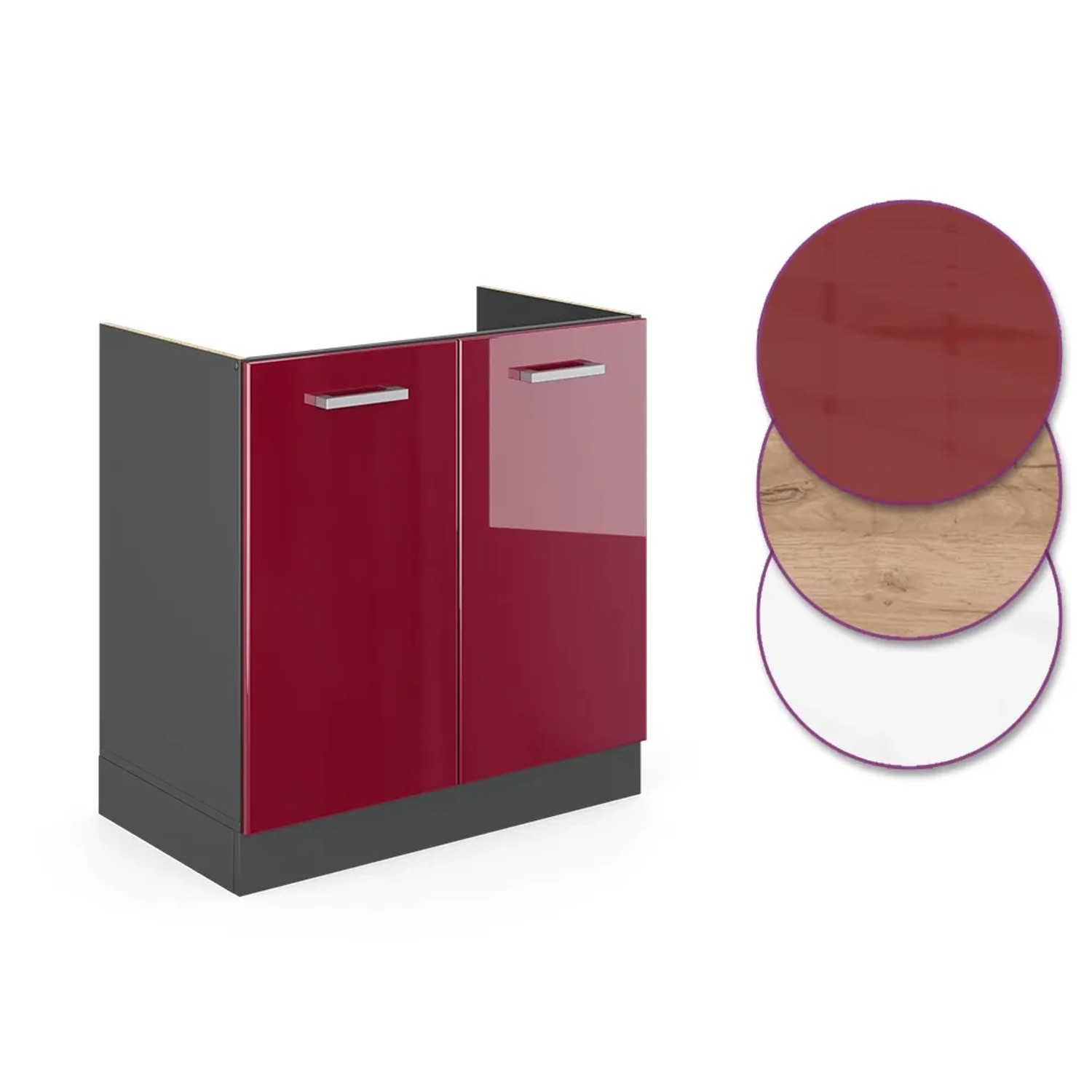 Vicco Spülenunterschrank R-Line, 80cm, Bordeaux Hochglanz/Anthrazit, ohne Arbeitsplatte.